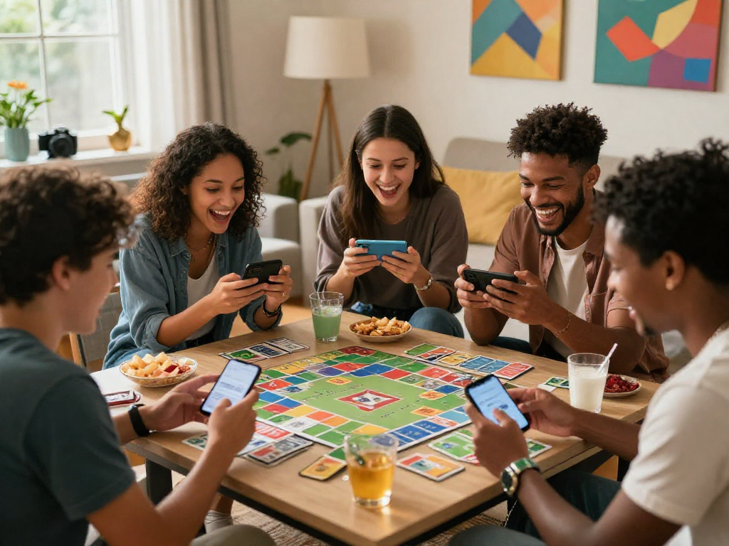 Friends enjoying ramble rummy together at home, displaying excitement and strategy while playing on mobile devices.
