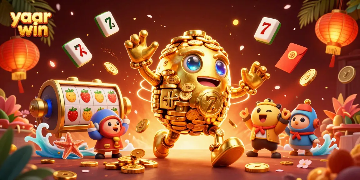 Spin to win with yaar win: A 3D scene of fortune featuring a golden golem and vibrant slot elements.