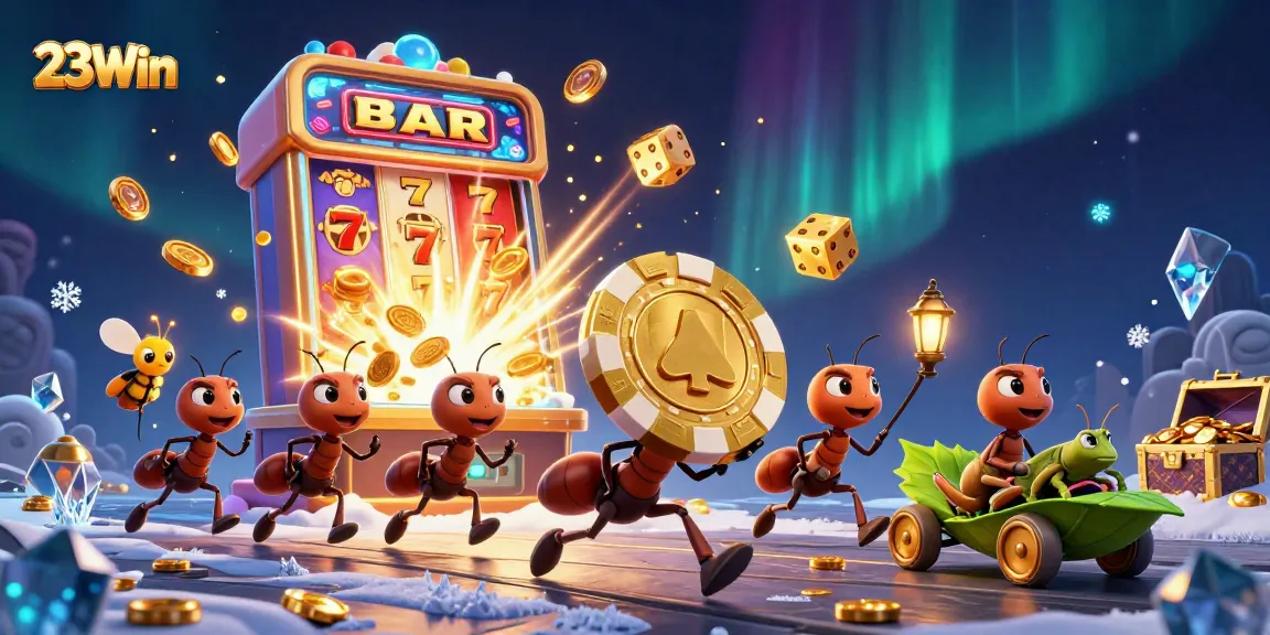 Experience the thrill of 23Win's gaming with ants carrying a giant poker chip amidst a jackpot explosion.