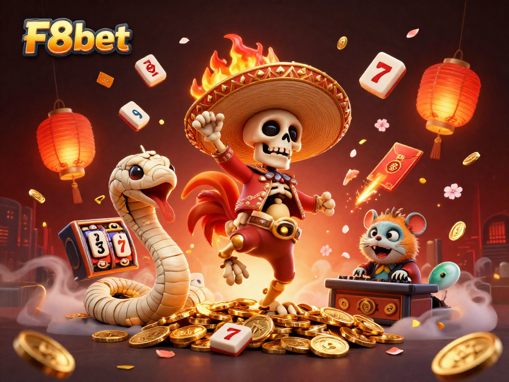 F8bet presents a vibrant 3D illustration of a mariachi rooster dancing on coins, embodying the dynamic online casino experience.