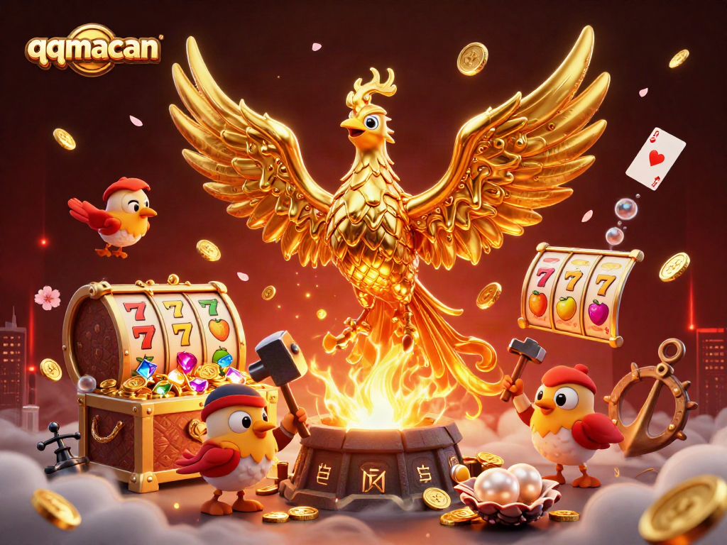 Engage with the thrilling essence of qqmacan as golden phoenixes represent winning slots action amidst a treasure-filled casino.