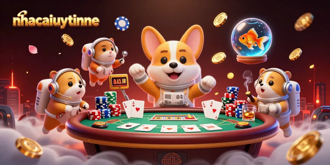 nhacaiuytinne showcases a vibrant 3D casino scene featuring a corgi astronaut amidst poker elements.