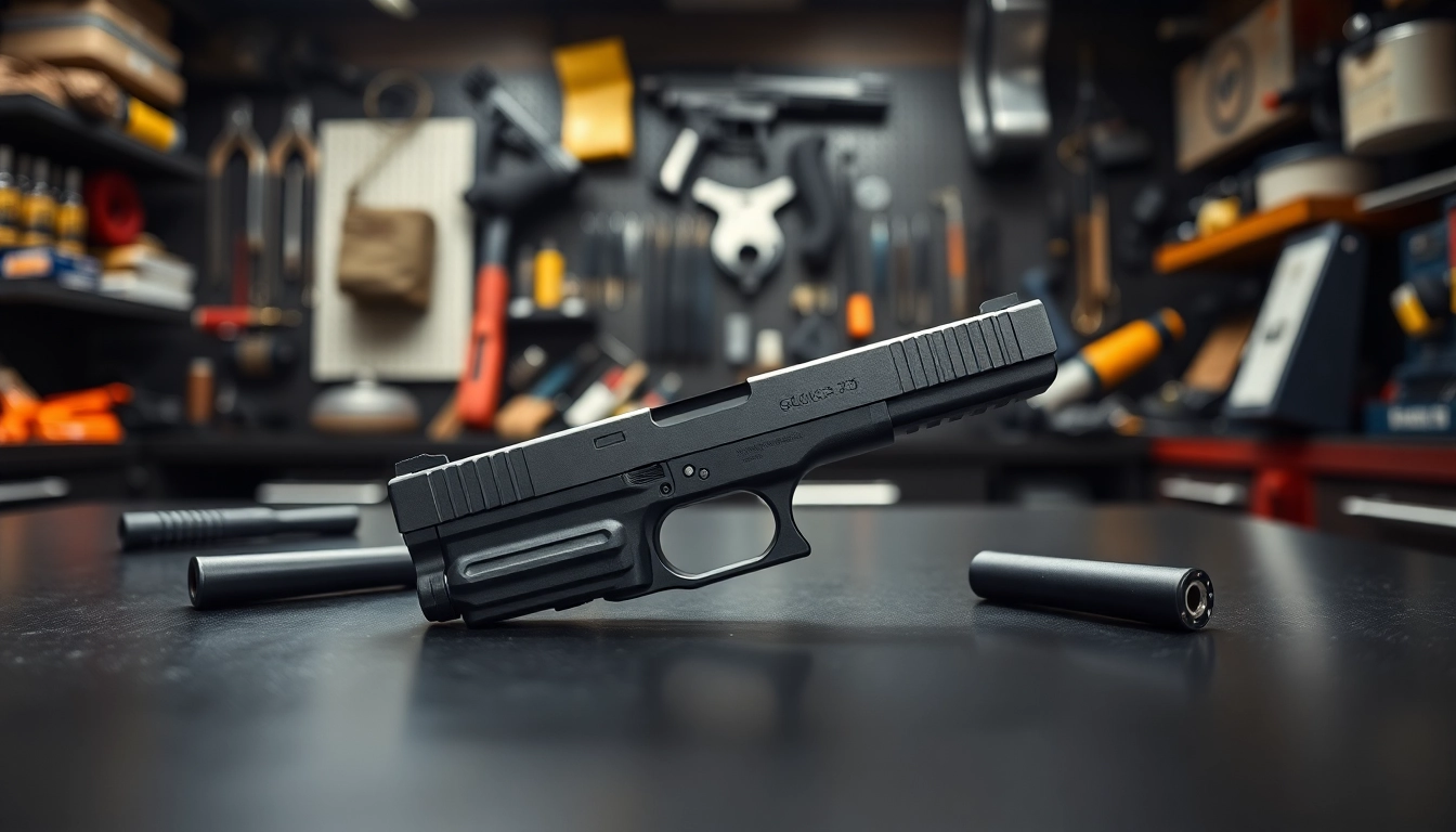Showcase of glock 43 slide highlighting its design and craftsmanship on a workshop table.