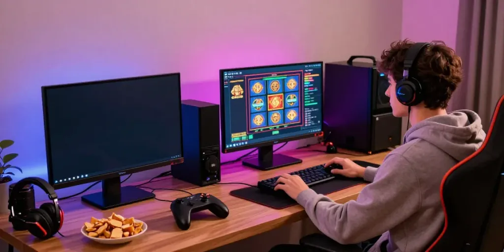 Immersive gaming setup highlighting สล็อตเว็บตรง slot games, with vibrant graphics on screens and cozy atmosphere.