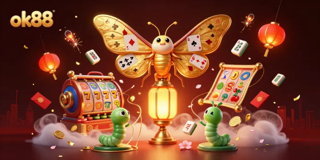 Engaging scene of ok88 featuring a vibrant 3D moth and spinning slot reels in a modern casino.