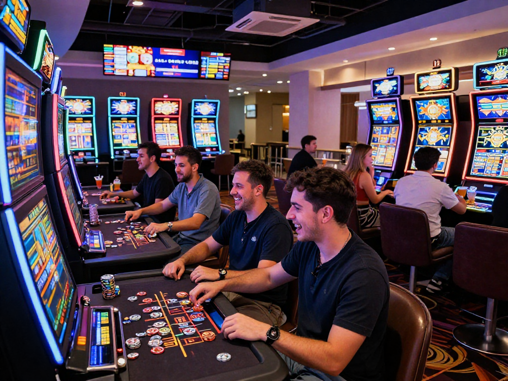 Situs slot gaming excitement with vibrant players and colorful machines.