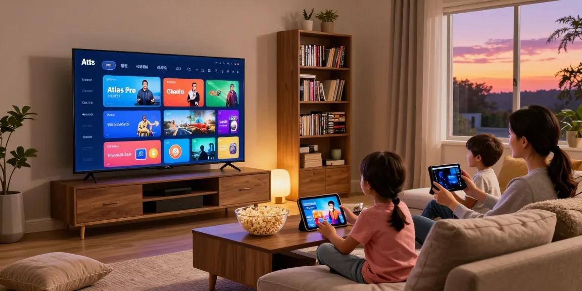 Family enjoying the Atlas Pro ONTV streaming experience with vibrant channels in a cozy living room.