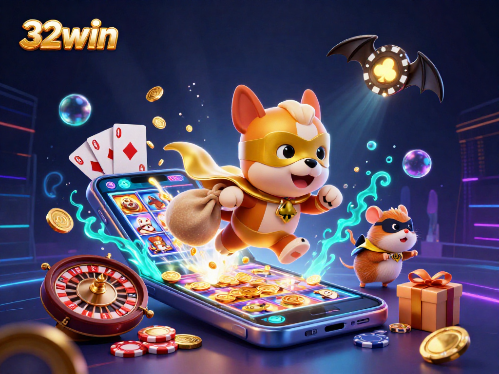 Win big with 32win in this vibrant illustration showcasing a superhero dog and hamster amidst a 3D casino scene.