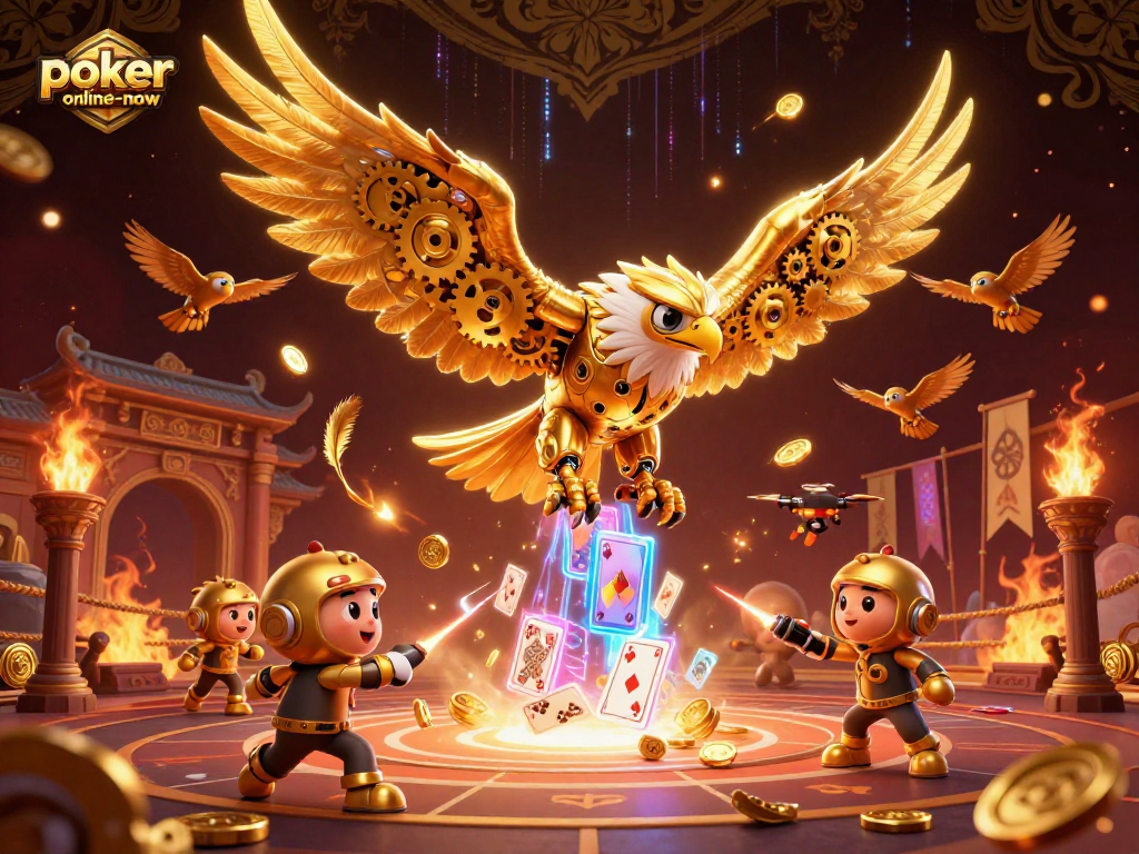 Engage in thrilling gameplay at poker-online-now with a dynamic scene of a cybernetic eagle amidst poker cards.