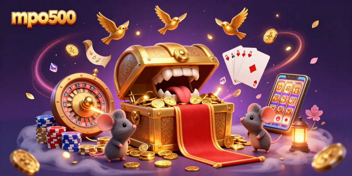 Engage with mpo500 as adventurer mice are lured by a golden treasure chest in this vibrant casino scene.
