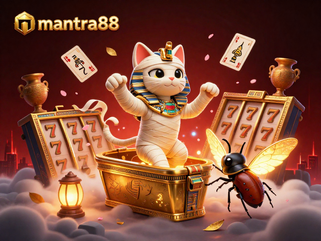 Experience excitement at mantra88 with a cartoon Egyptian mummy cat and slot reels in a vibrant casino scene.