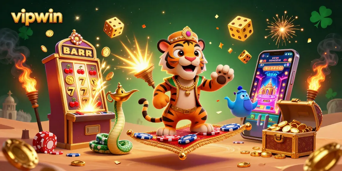 Experience the excitement of vipwin with a vibrant, animated jackpot scene featuring a sultan, smart devices, and a golden palace.