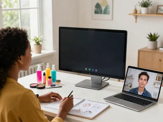 Engaging scene of personalized beauty assessment with alternatives to QOVES in a home office setting.