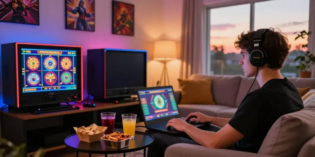Player enjoying slot online games on cozy couch with vibrant graphics.