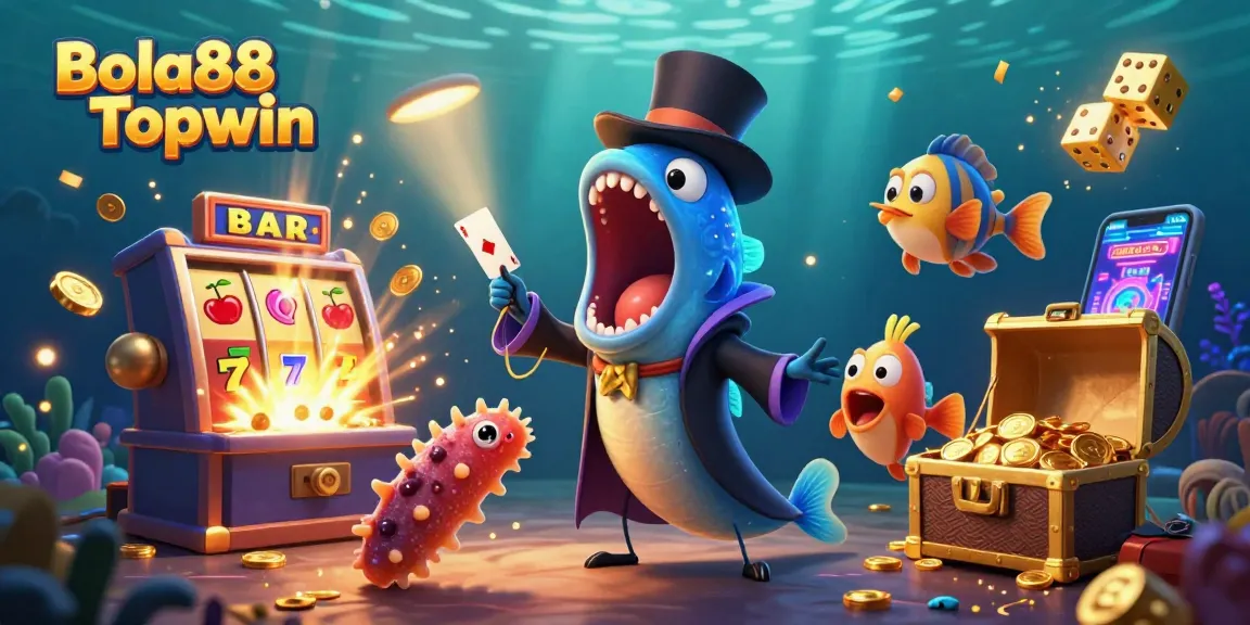 Bola88 Topwin showcases thrilling casino action with vibrant underwater characters and slot excitement.