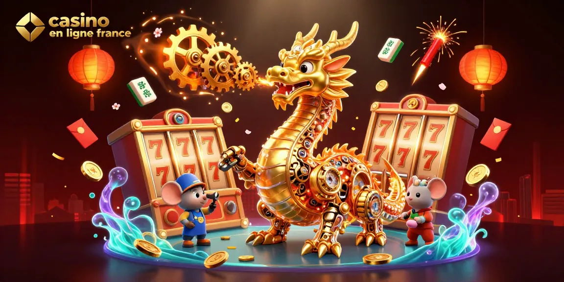 Explorez le casino en ligne France avec une illustration 3D captivante et dynamique remplie de jeux.