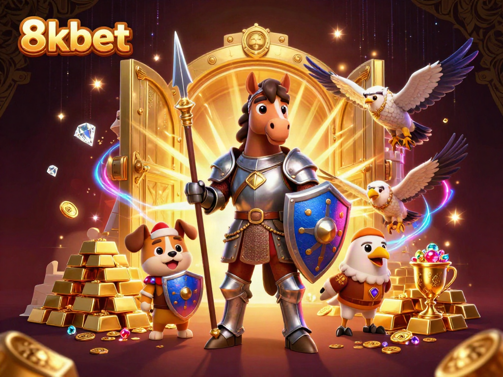 Experience the excitement of 8kbet with a knight and squire amidst treasures in this dynamic casino-themed illustration.
