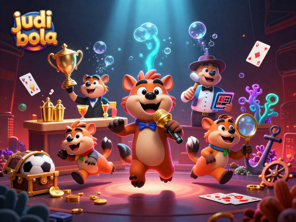 Engage in judi bola with animated hyenas running a dynamic casino scene, showcasing sports betting excitement.