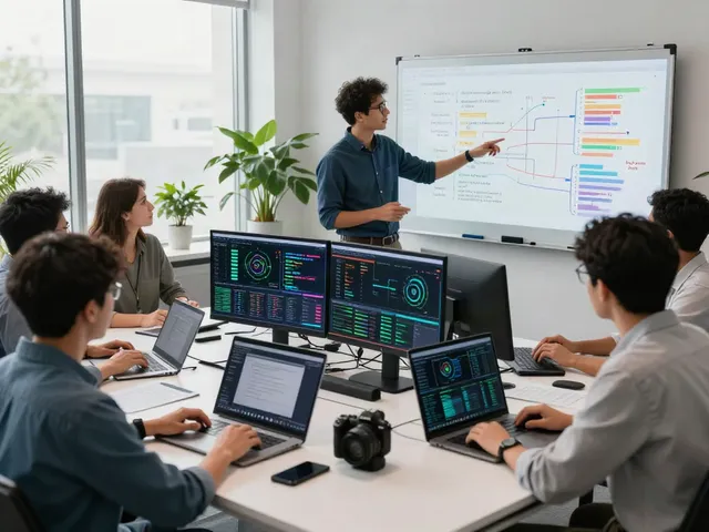 Engineers collaborating on GPU computing in a high-tech workspace.