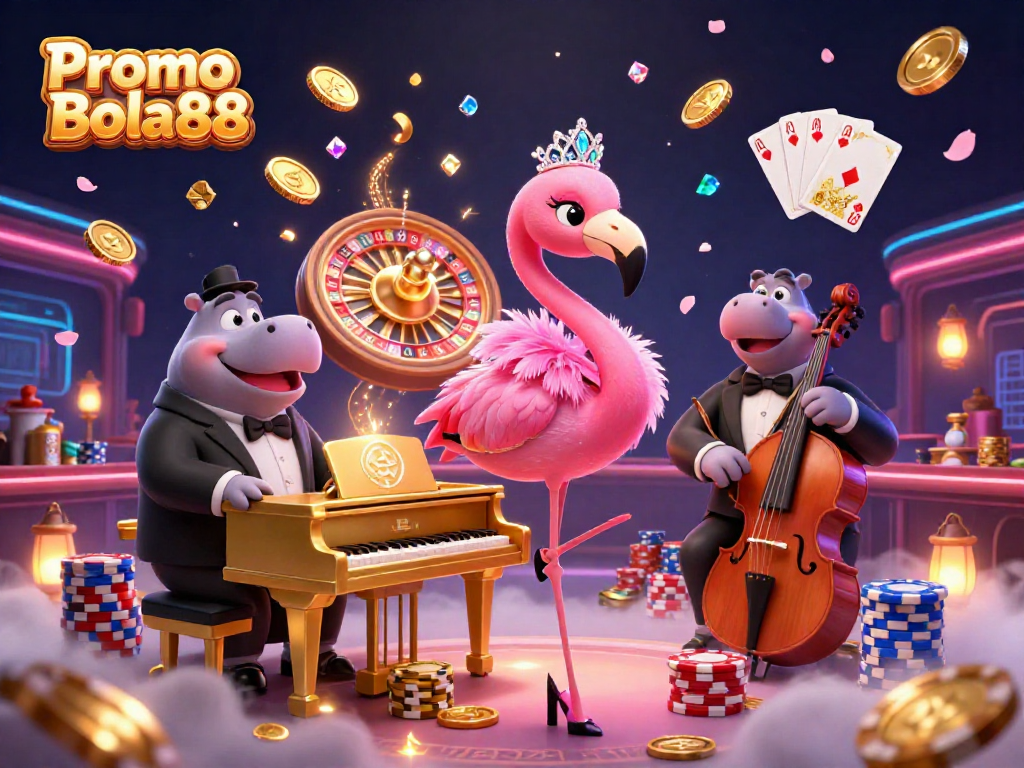 Experience the excitement of Promo Bola88 with vibrant casino scenes featuring lively performers, sparkling gems, and thrilling jackpots.