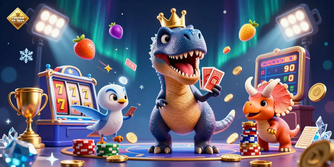 Une scène de casino en ligne en France avec un T-Rex mignon jouant aux cartes et un triceratops empilant des jetons dorés.
