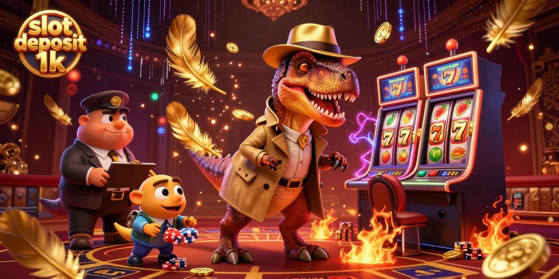 Permainan slot deposit 1k: ilustrasi kasino dengan velociraptor dan pit boss sedang berjudi