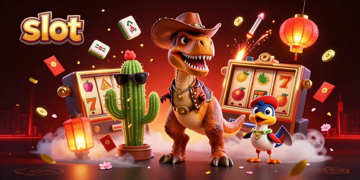 Engage with thrilling slot action featuring T-Rex and friends in an animated casino scene.