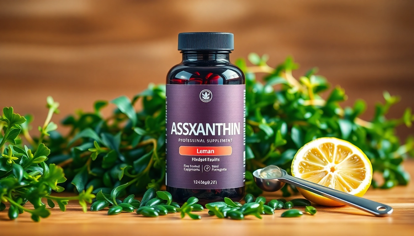Discover the ideal astaxanthin daily dosage with a sleek supplement bottle showcasing vibrant algae and lemon.