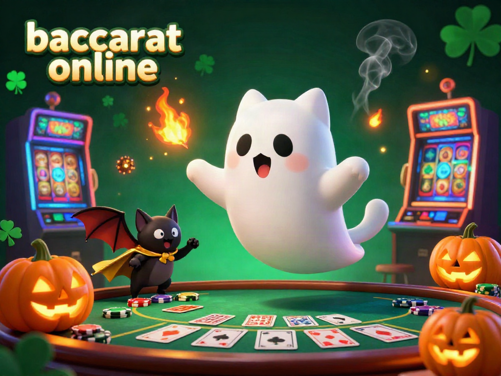 Experience baccarat online with a friendly ghost cat and a vampire bat companion amid vibrant casino visuals.