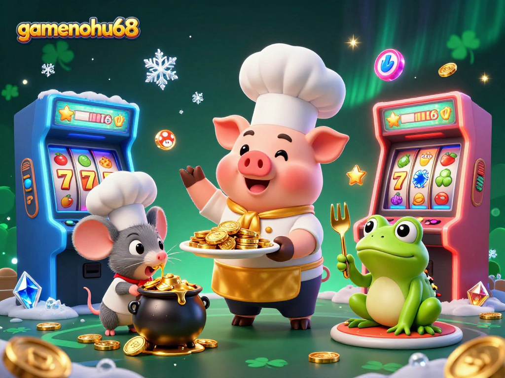 Experience thrilling gaming with gamenohu68 featuring a chef pig, sous-chef mouse, and critic frog in a bustling casino scene.
