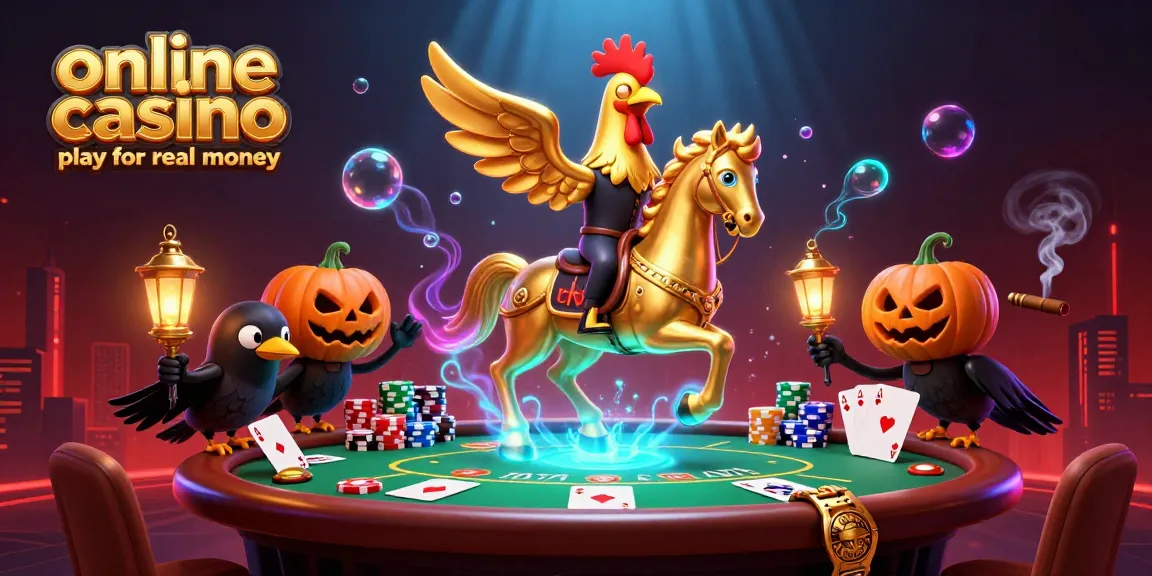 Experience thrilling online casino play for real money with vibrant animated characters and poker elements.