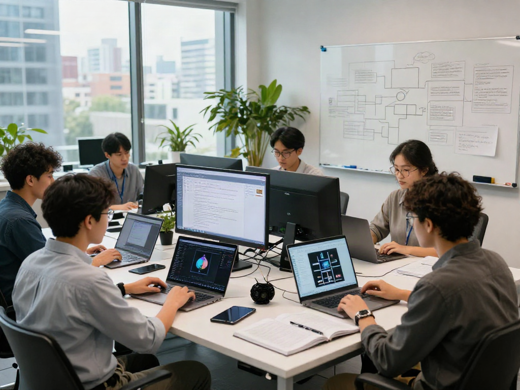 AI Detector specialists collaborating in a dynamic tech lab analyzing generated content