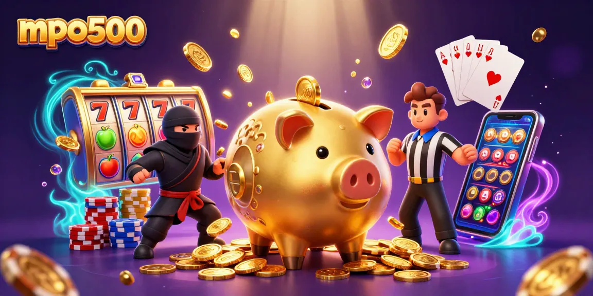 Experience the thrill of mpo500 slots with a lively golden piggy bank sumo wrestler and vibrant jackpot images.