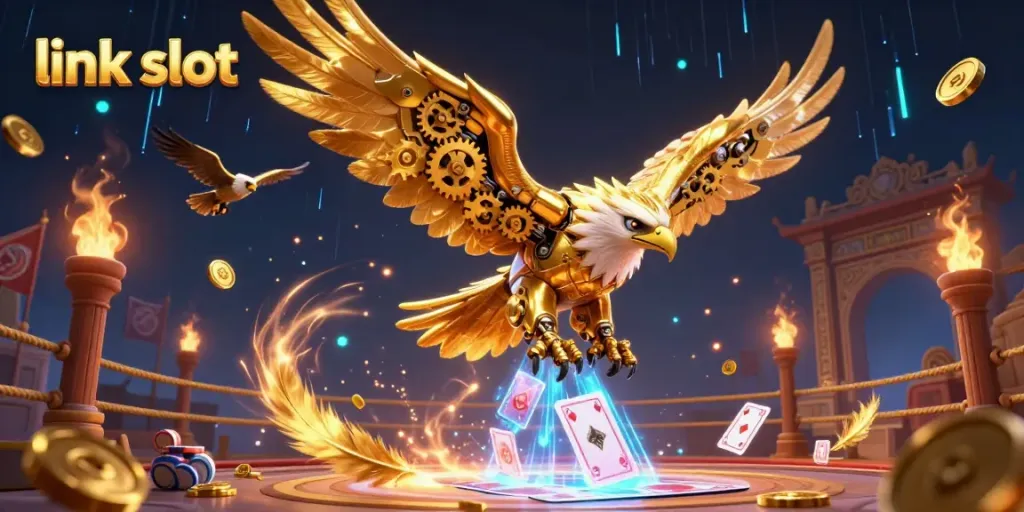 Memenangkan link slot dengan ilustrasi 3D yang menunjukkan elang cybernetic dan kartu holografik.