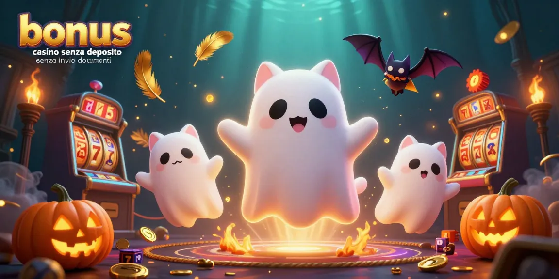 Scopri il bonus casino senza deposito e senza invio documenti con un'illustrazione vivace di un gatto fantasma e simboli di gioco.