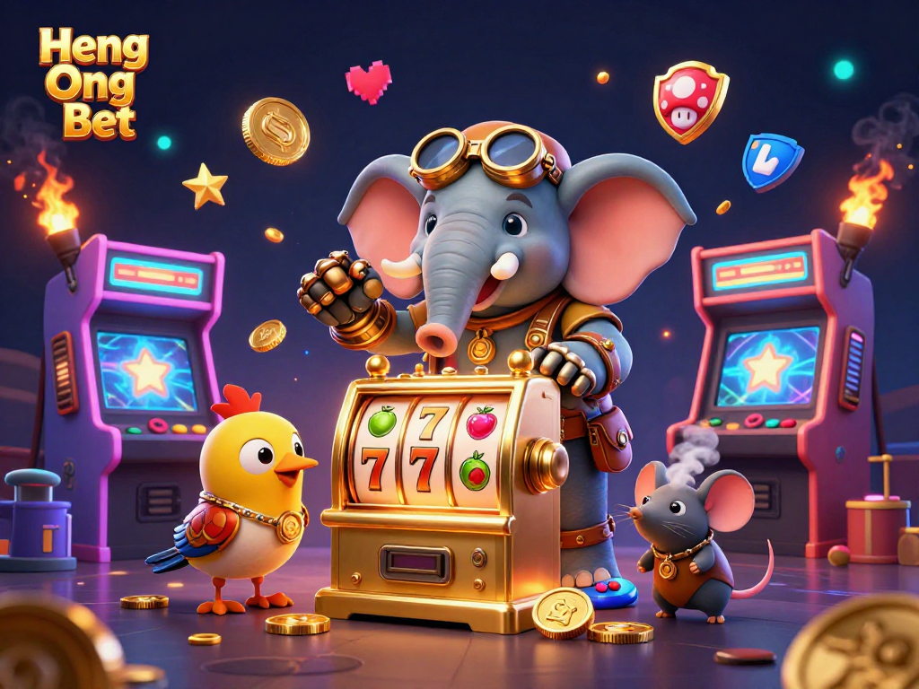 Spin the golden slots at Heng Ong Bet with a whimsical steampunk elephant engineer and vibrant game elements.