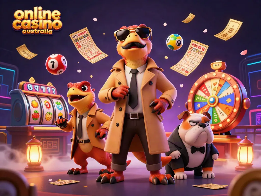 Bounce to big wins at this online casino Australia scene with three raptors in disguise and colorful elements.