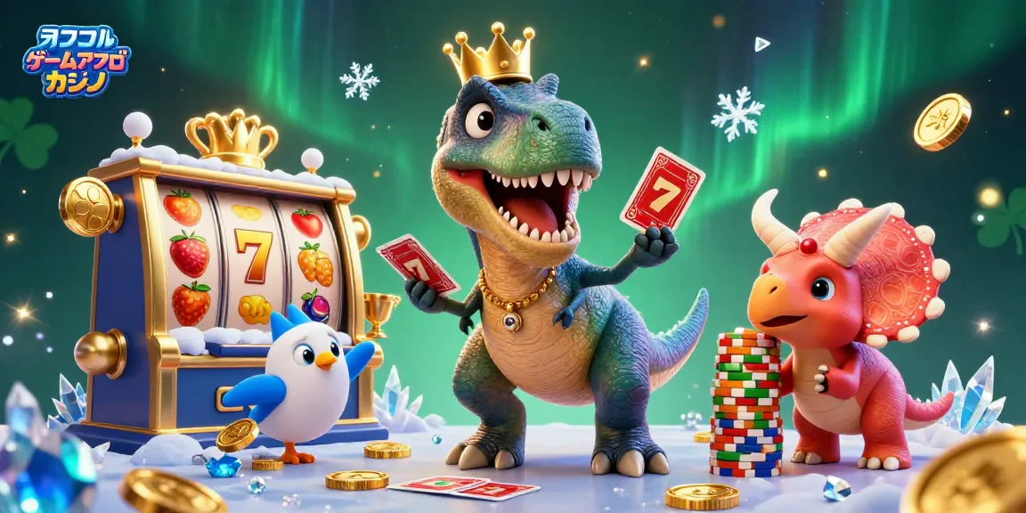 オンラインゲームアプリカジノのためにスロットリールを回している恐竜たちの楽しいシーン。