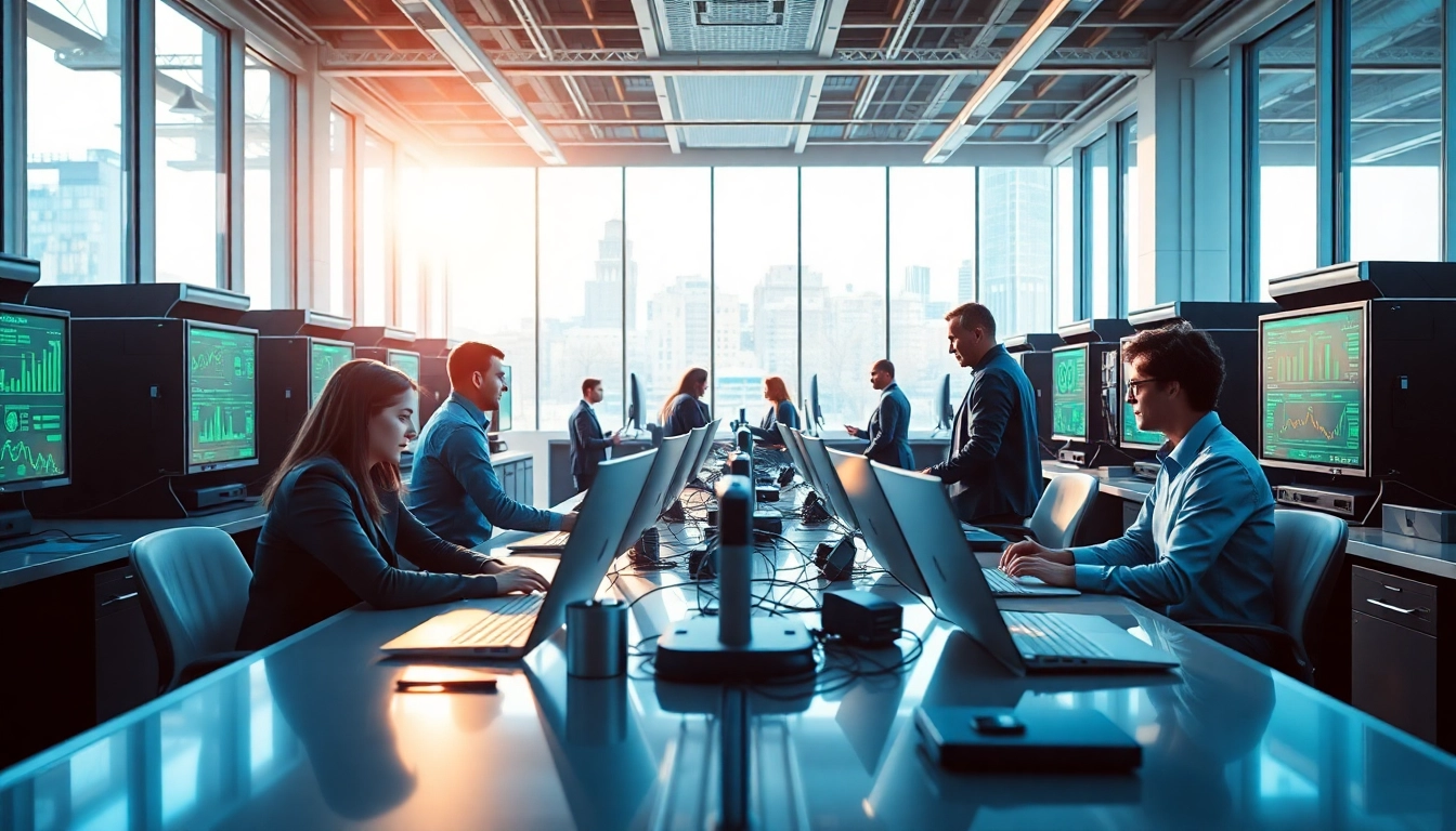 AI agents working collaboratively in a futuristic workspace with advanced technology.