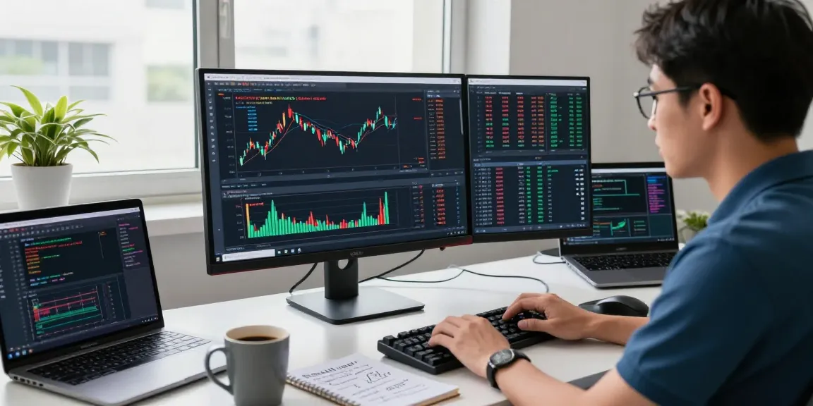 Taiwan stock backtesting API in action on multiple screens in a tech workspace.