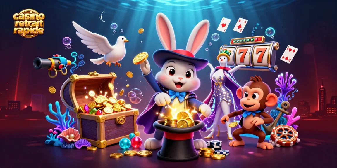 Retirez vos gains rapidement avec le casino retrait rapide illustré par un magicien et des éléments de jeu.