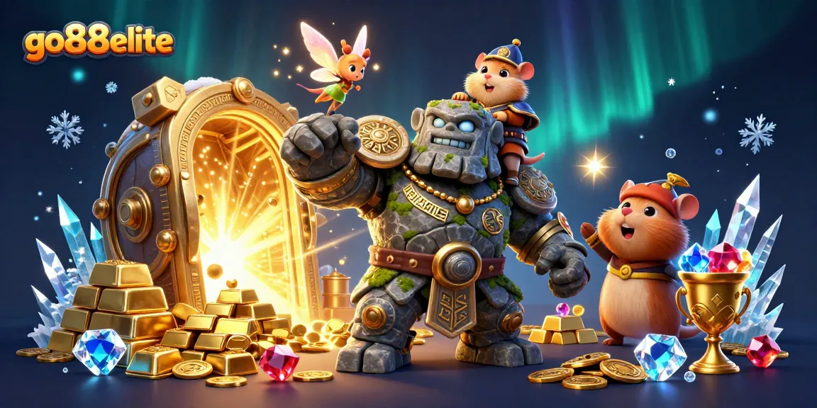 Experience the magic of go88elite with a lively casino-themed illustration featuring a golem guardian and fairy.