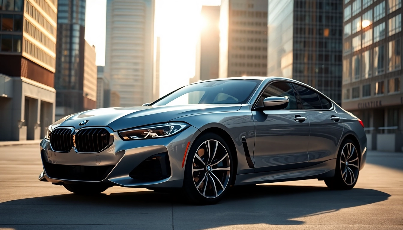 Admire the Luxury BMW car showcasing its sleek design against an elegant city backdrop.