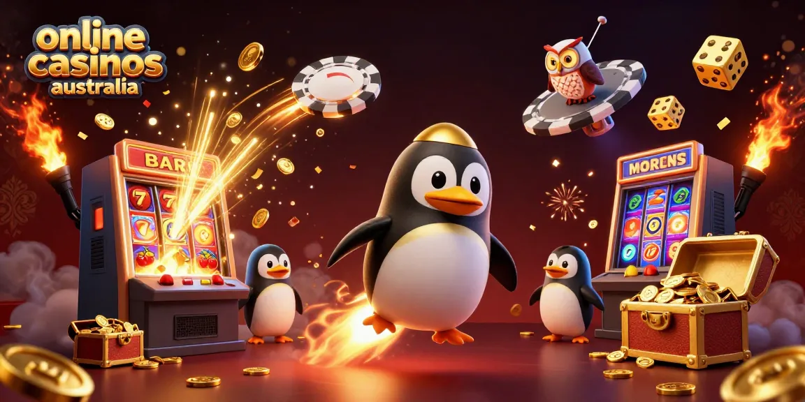 A dynamic 3D scene showcasing the excitement of online casinos Australia with a golden penguin, slot machine, and vibrant symbols.