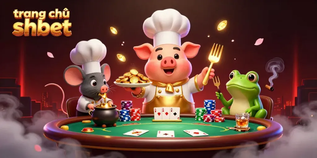 Experience the thrill at trang chủ shbet with a lively casino scene featuring a chef pig and friends.