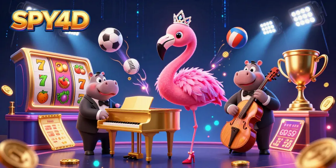 Gambarkan kemewahan SPY4D dengan penyanyi flamingo di piano emas, dikelilingi elemen jackpot dan bola olahraga.