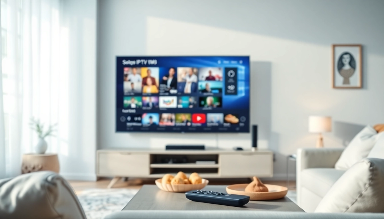 Engaging scene of IPTV subscription experience in a modern living room with vibrant visuals on TV screen.