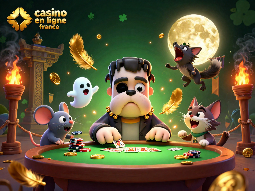 Jouer au casino en ligne France avec un bulldog Frankenstein et un chaton loup dans une scène animée.