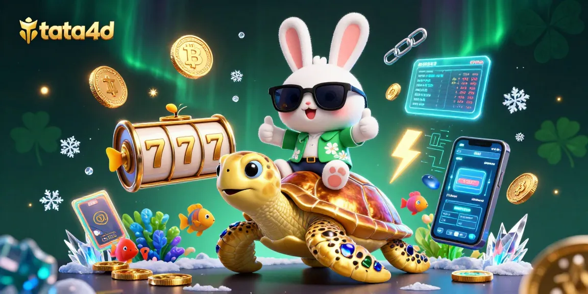 Engage with tata4d's thrilling slots scene featuring a lucky rabbit and a golden turtle in a vibrant 3D realm.