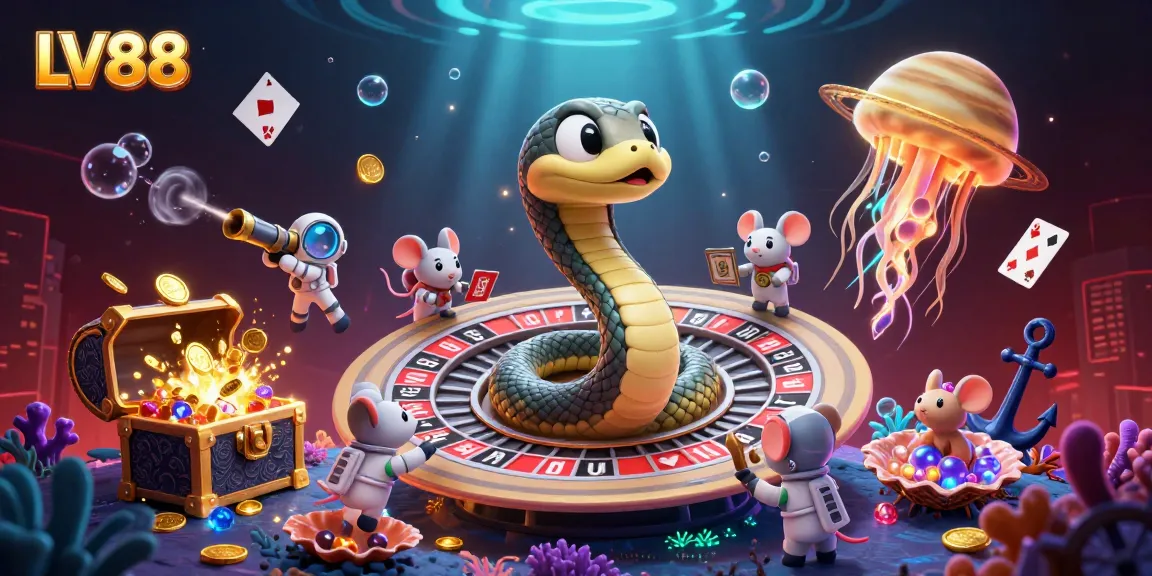 LV88 casino scene with astronaut mice betting, cosmic dealer jellyfish, and treasure elements